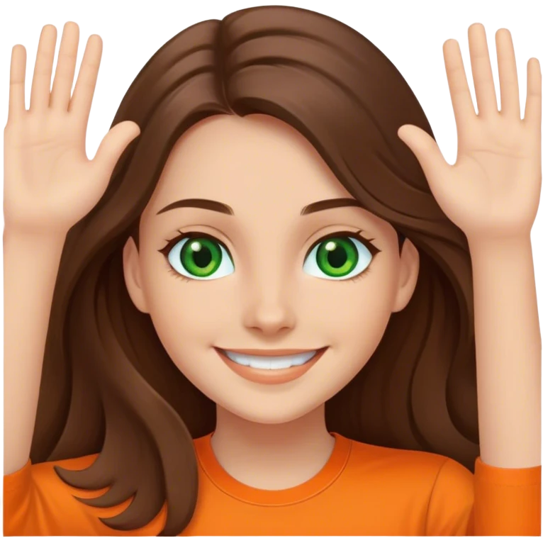 smiling girl with long brown hair, middle hair split, waving, green eyes, orange shirt emoji