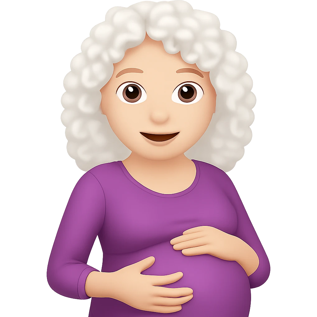 Edit the image of a pregnant woman with white curly hair in an emoji style. Keep the background removed as requested. Maintain the emoji style look in the edit. emoji