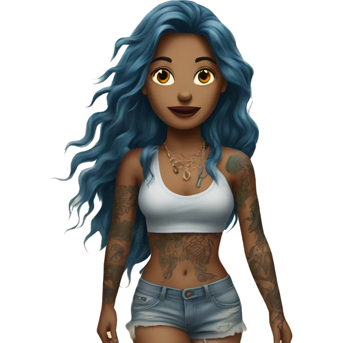Beautiful tattooed  burgundy long haired woman walking on the beach emoji