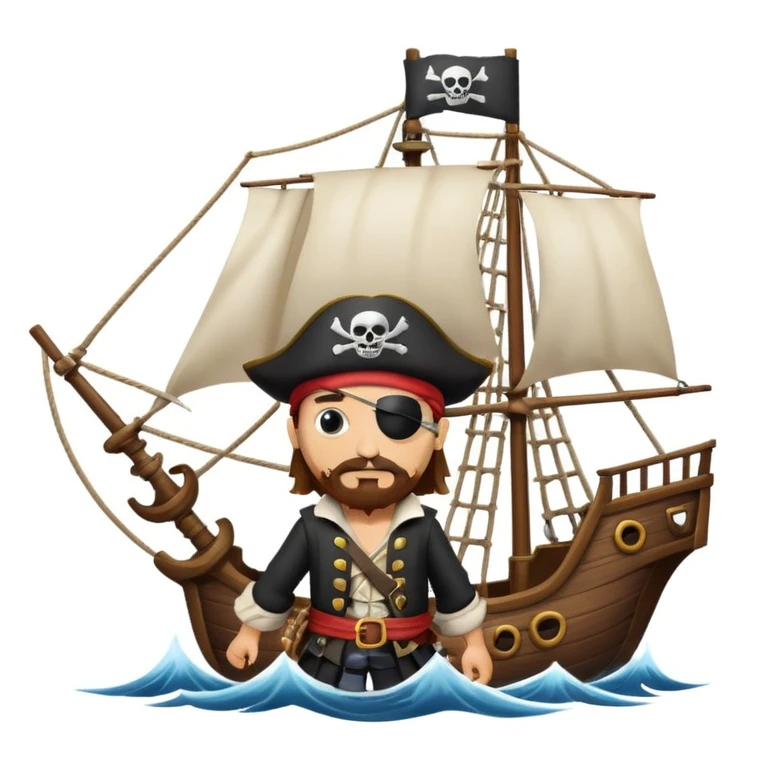pirate with eye sailing a ship in strome sea background emoji