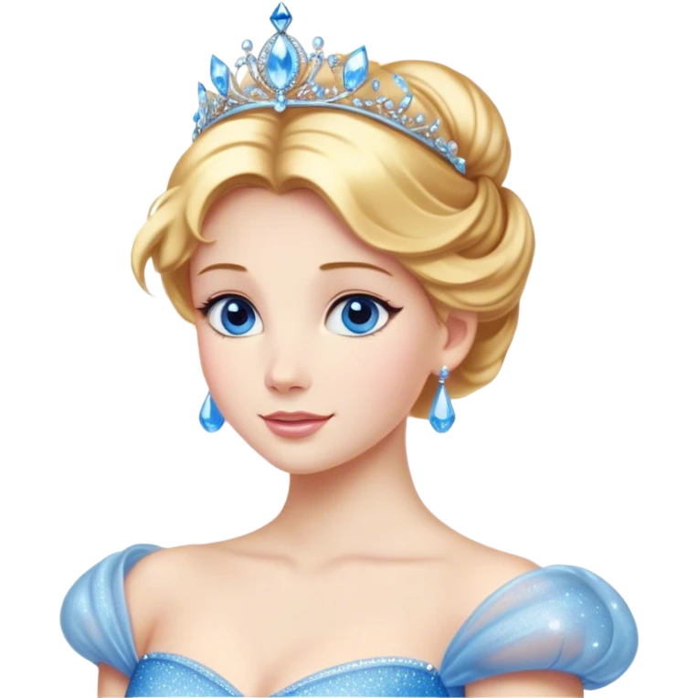 Cinematic Stunning Cinderella Portrait Emoji, Radiant in her sparkling blue ball gown, golden hair in a perfect updo, soft blue eyes full of wonder, glistening tiara, glowing with an ethereal beauty, regal yet kind, a dreamlike aura surrounds her, capturing the essence of a fairy tale princess, elegant and breathtaking! emoji