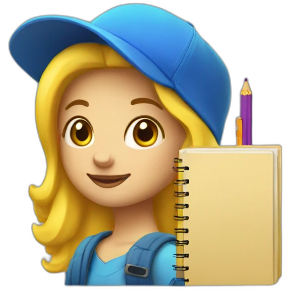 a girl with yellow hair in a blue hat with a yellow mallow holds a pen and a notebook in her hand emoji