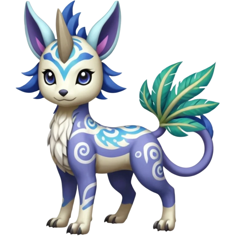 Tropical Tiny Marked Patterned Tribal Colorful Skilled Adept Graceful Asian Painted Garurumon-Meloetta-Absol-Suicune-Cobalion-fusion-hybrid-creature (full body) emoji