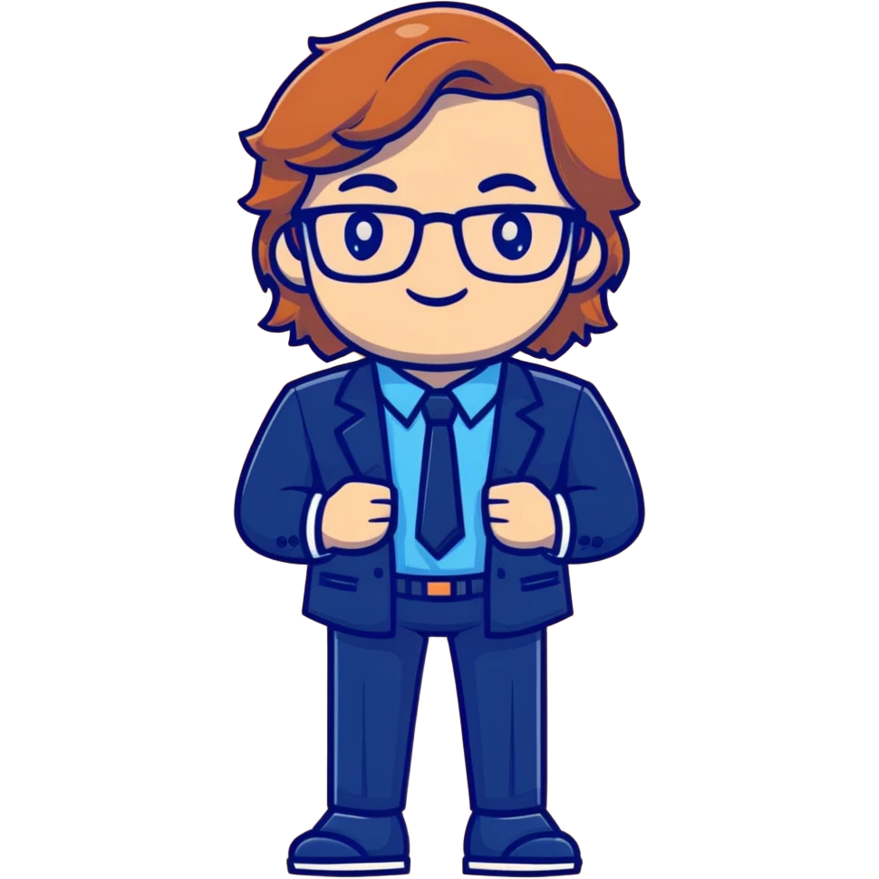 Professional economics channel mascot with shoulder-length wavy light brown hair, rectangular glasses, navy blazer, light blue shirt, empty hands, confident stance emoji