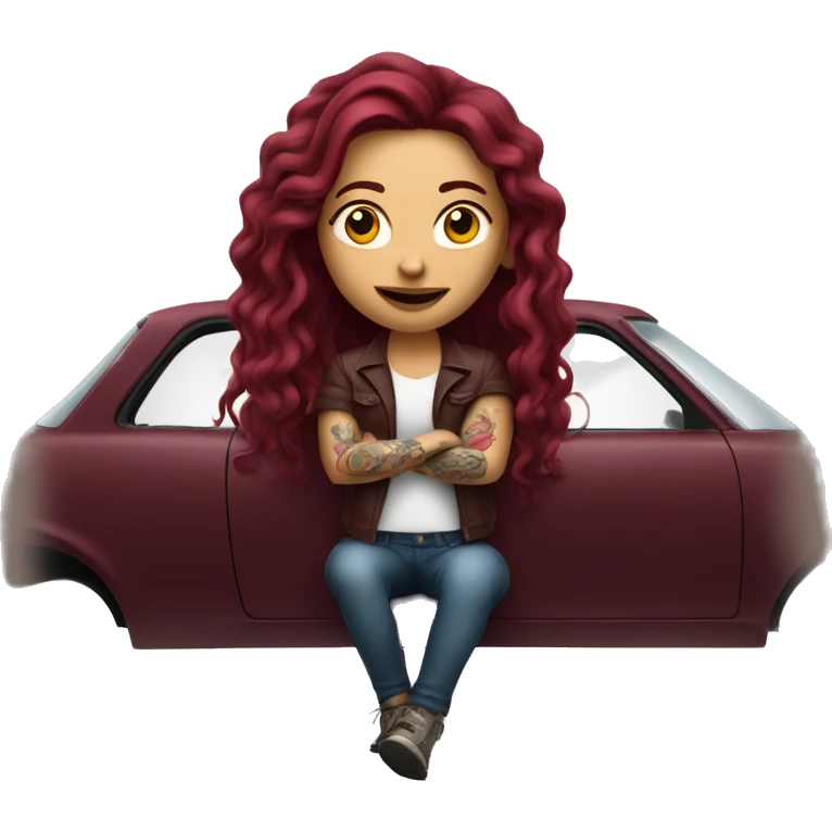 Beautiful tattooed burgundy long haired woman driving a car emoji