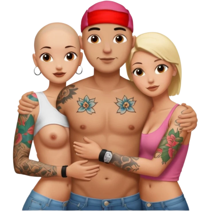 throuple tattooed sleeves bbald male with topless naked big boobed brunette and topless naked big boobed blonde girlfriends  lovingl  and sexy polygamy hott emoji