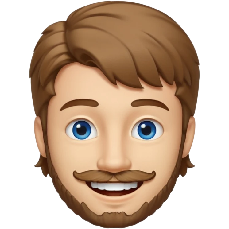 25 year old man, short scruffy beard and sparse moustache, brown puffy mullet, blue eyes, big smile, white teeth, big lips, pronounced jaw emoji
