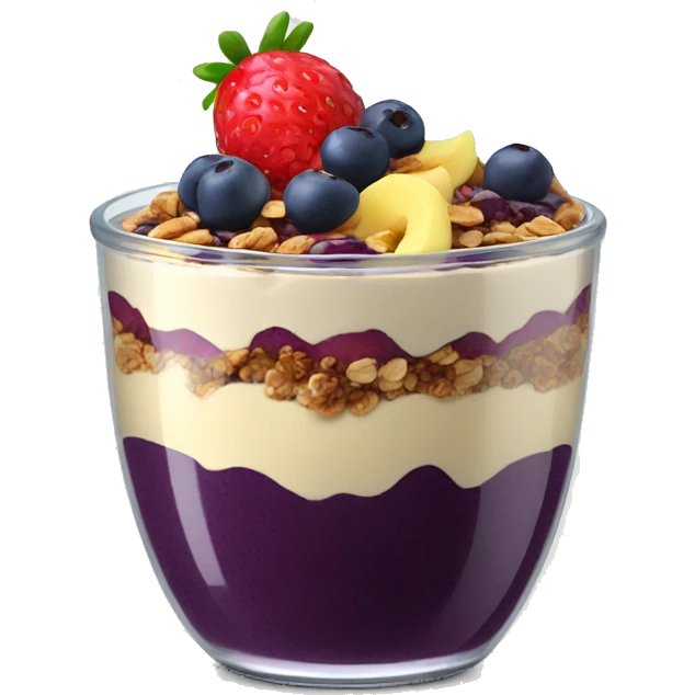 Açaí in a clear cup with layers of fruits and granola and condensed milk emoji