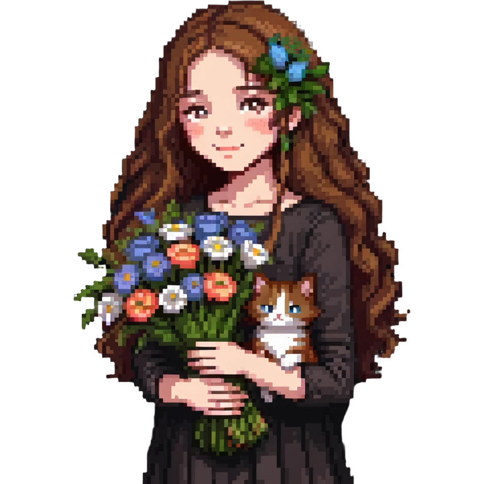 A cool girl with long brown hair and fair skin tilts her head and holds a bouquet of flowers and a cat emoji