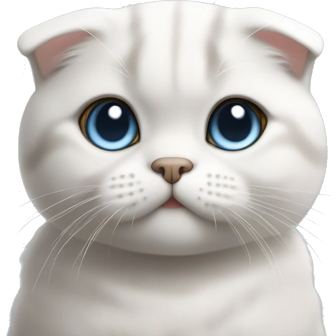  Scottish Fold cat with short white fur and blue eyes. It has a round face and smooth, silky fur. The cat’s expression is friendly, slightly playful, and exudes softness. emoji