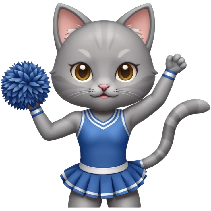 A cute chibi sleek grey cat cheerleader twirling pom-poms with confident energy. emoji
