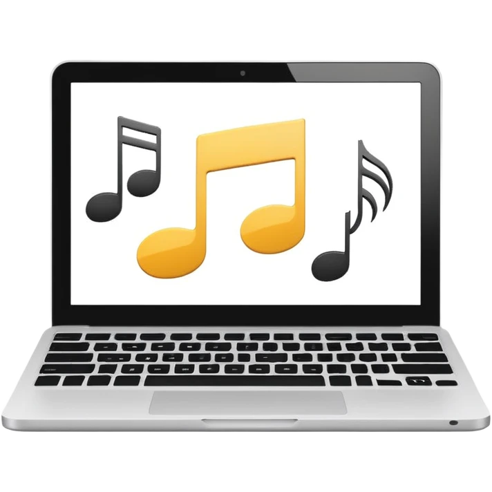 laptop screen showing a play button and notes emoji