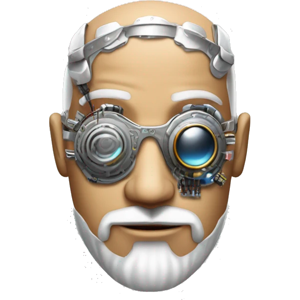 Tan bald male Latino cyborg head with grey beard, silver steampunk monocle goggles and circuits emoji