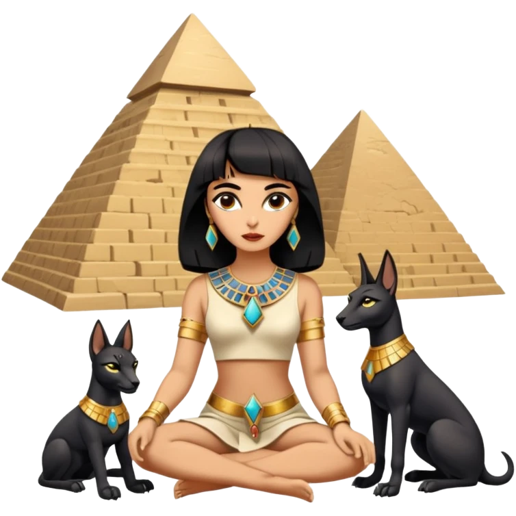 Kindly mannered Elizabeth Taylor cleopatra Protecting spell silky black-haired tiny statuette scale feral Anubis and pyramid scenery stone-age cracked irregular dwelling  emoji