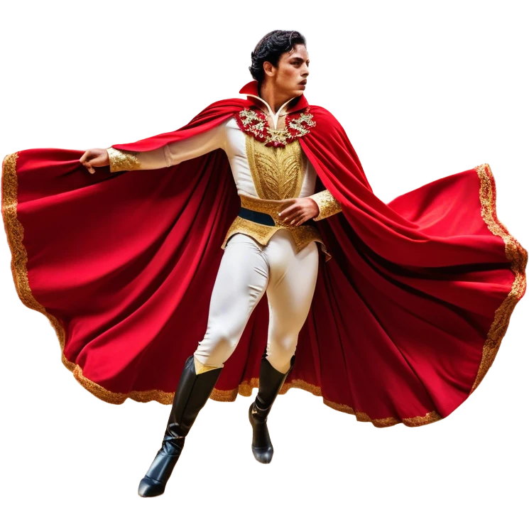 ​Cinematic Realistic Spanish Matador Holding a Red Cape, depicted in mid-action with a vibrant red cape flowing in the wind, dressed in an ornate traje de luces with shimmering details, confronting a charging bull in a dramatic arena, rendered with dynamic motion blur and vivid, high-contrast lighting, emoji