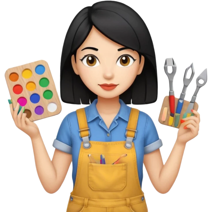 Créame emoji de una mujer que sea diseñadora industrial, pelo negra, piel morena, femenina con overol y una paleta de colores o herramientas de taller  emoji