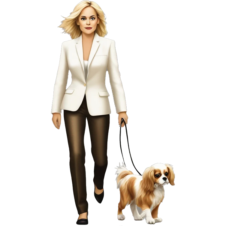 Young sharon stone in basic instinct walking with cavalier King Charles spaniel  emoji