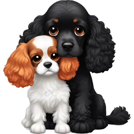 orange and white cavalier king charles spaniel and black poodle cuddle each other  emoji