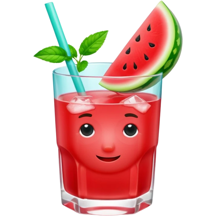 A 3D cartoon glass filled with watermelon juice, ice cubes, mint garnish, bright red color, smooth reflections, soft natural lighting, Memoji-style. emoji