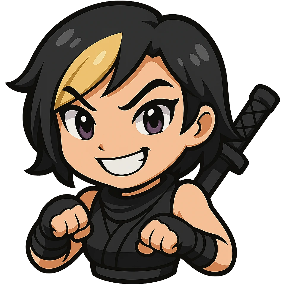 Create an anime chibi style ninja girl with the same face, outfit, and colors as the reference. The ninja girl should have her fist low, preparing to punch upward. Transparent background, sized for Twitch emoji use. This is animation frame 1. emoji