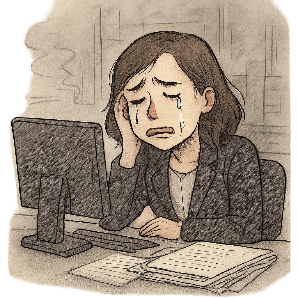 sad office employee at desk, tears streaming, computer and paperwork, stressed atmosphere, emotional expression emoji