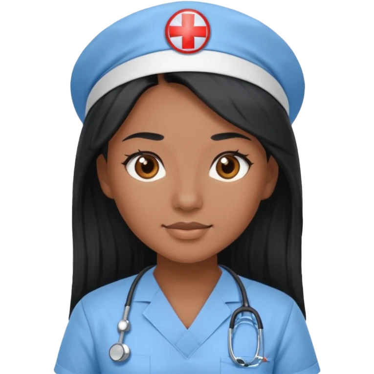 pretty brown skin nurse with long black hair and thin brown eyes in light blue scrubs emoji