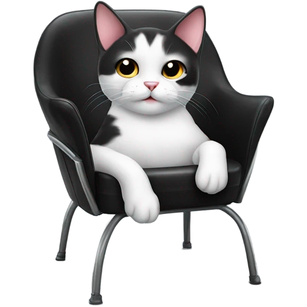 cute black and white cat laying on a big modern black leather and metal chair  emoji