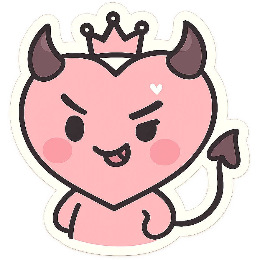 devil emoji, chibi style, pastel pink and black colors, heart-shaped face, tiny horns, cute but mischievous expression, heart motif, crown accessory emoji