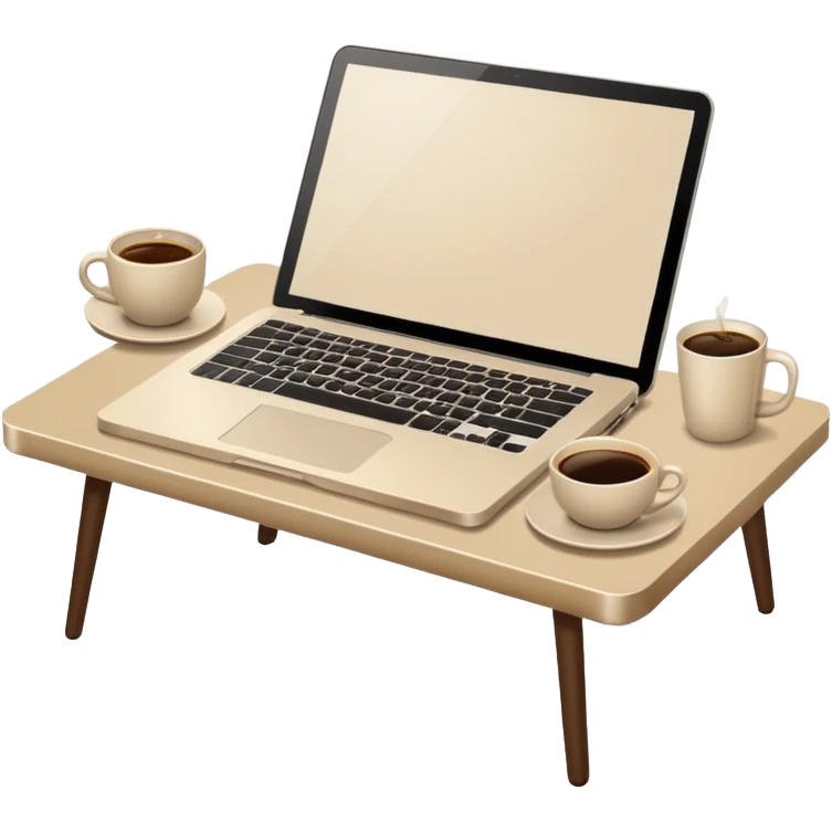 Laptop on the rectangular beige table, coffee and notebook emoji