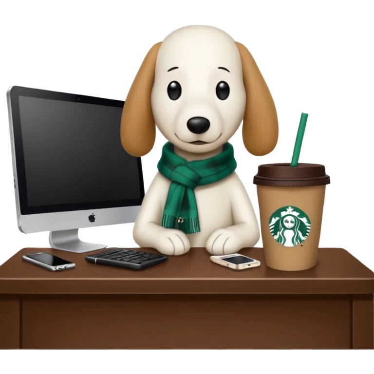 snoopy in a desk with starbucks and his chanel purse emoji