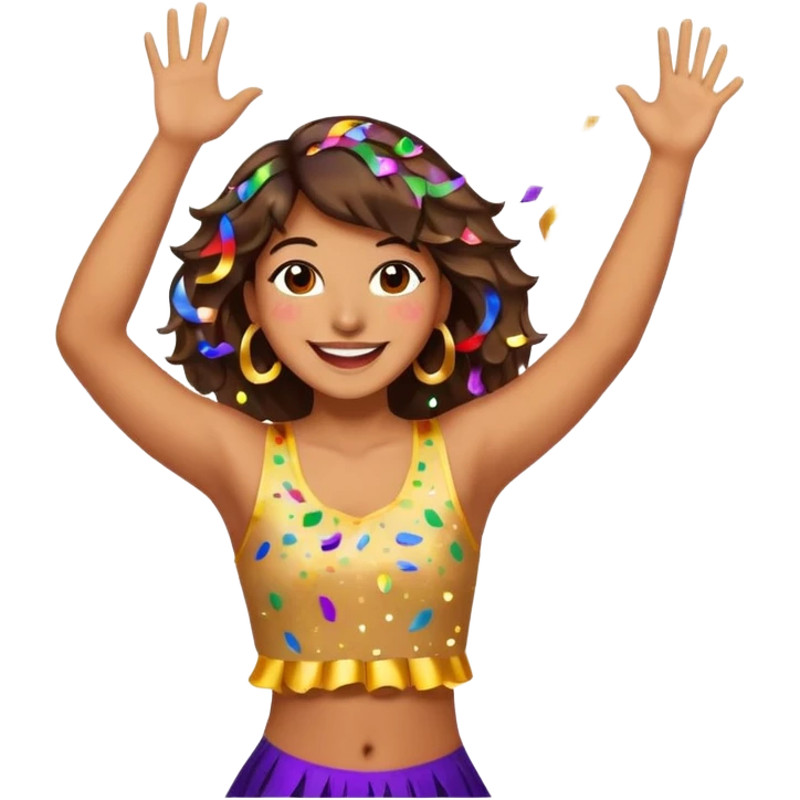 An energetic, celebratory emoji-style scene featuring a dancing figure surrounded by confetti, party streamers, and festive sparkles. Bright, colorful, joyful, and full of movement. emoji
