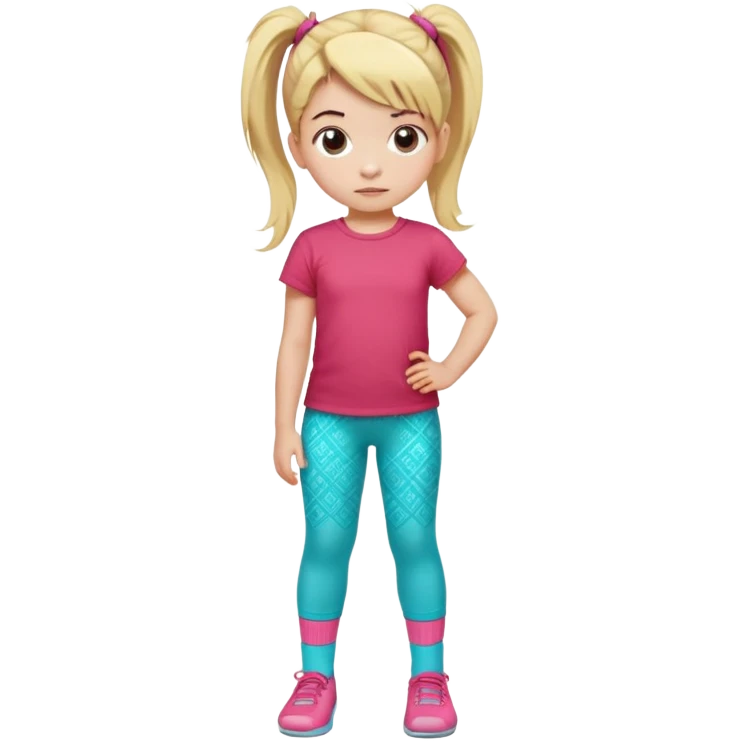 Little girl with blonde hair in ponytail with pink hair tie, wearing red t-shirt and turquoise patterned pants, light socks, serious facial expression emoji