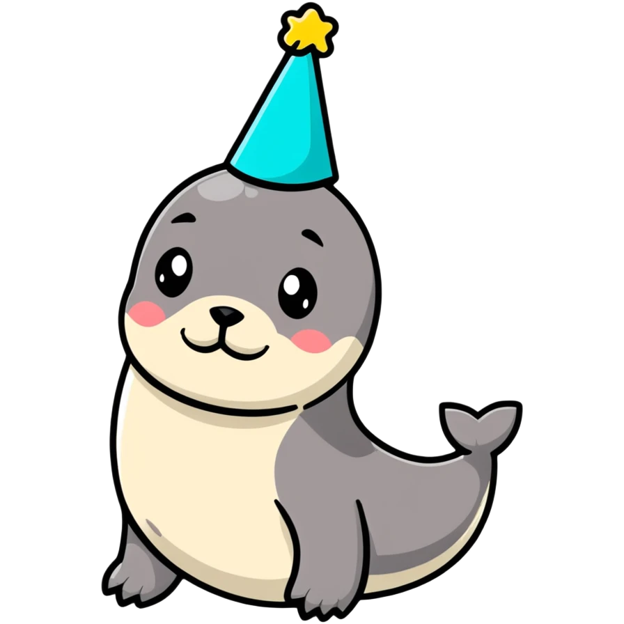 A cute seal wearing a colorful party hat, similar to a sustainable fuel plant logo emoji