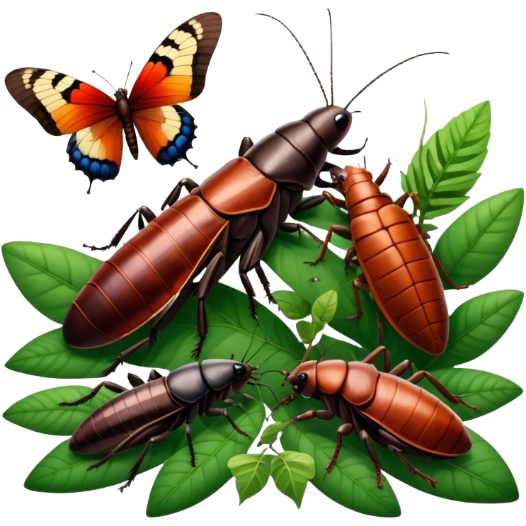Close-up of giant Madagascar hissing cockroaches, butterflies, and stick insects in their natural habitat. The insects are shown in detail, highlighting their unique textures and colors, surrounded by plants and leaves. Soft lighting to enhance their features. Transparent background. emoji