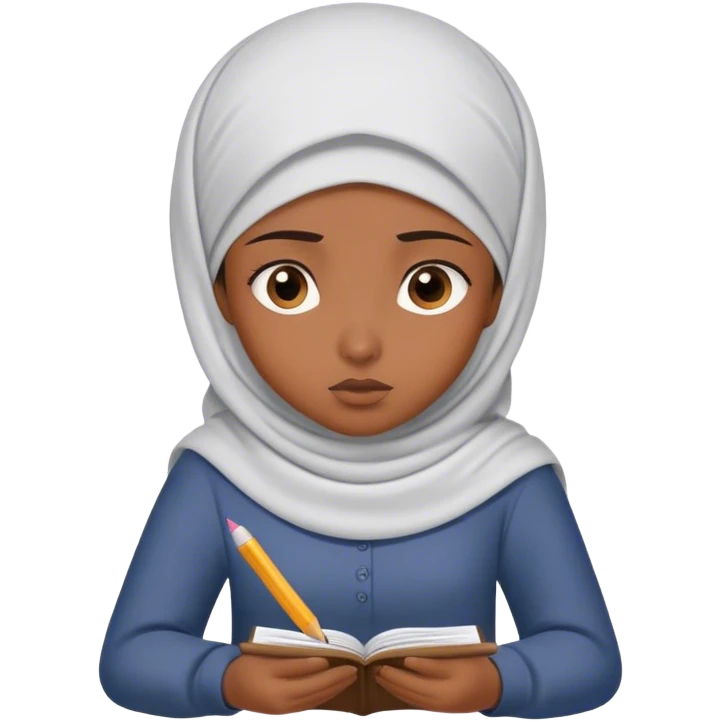 muslim girl writing in notebook, with confusion emoji