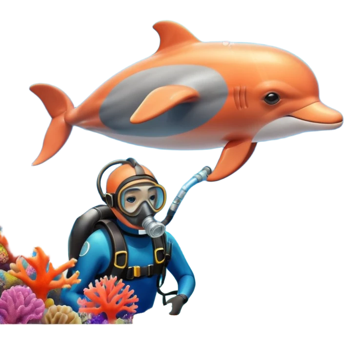 A brave dolphin in diver mask and oxygen tank on its back, exploring coral

 emoji