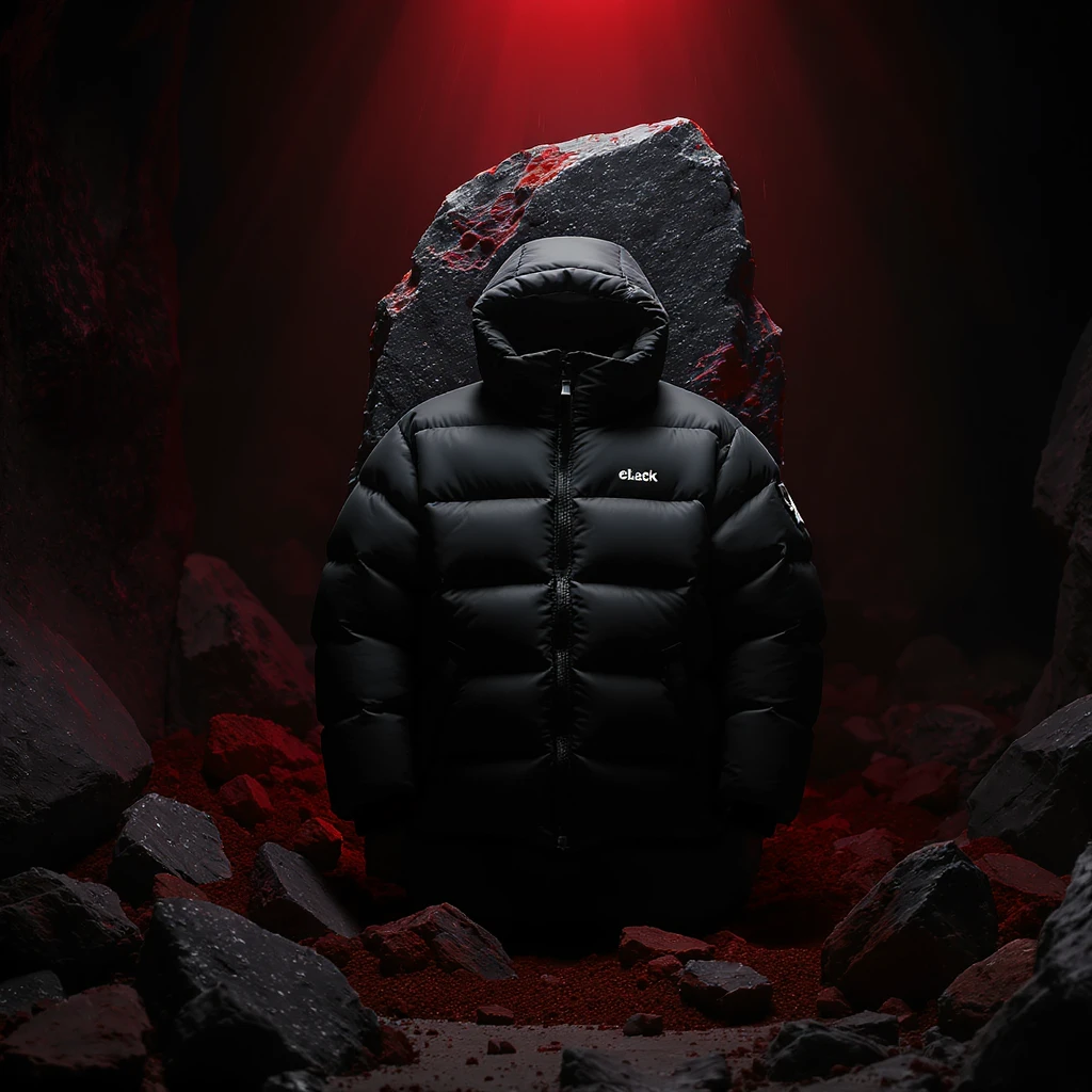 cinematic still of a front black puffer jacket around black stone with red coal temeperature environment, back red light, top light  emoji