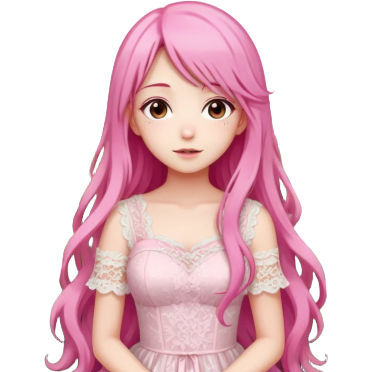 pastel anime woman with pink and white lace dress full body and long hair in a rose garden background emoji