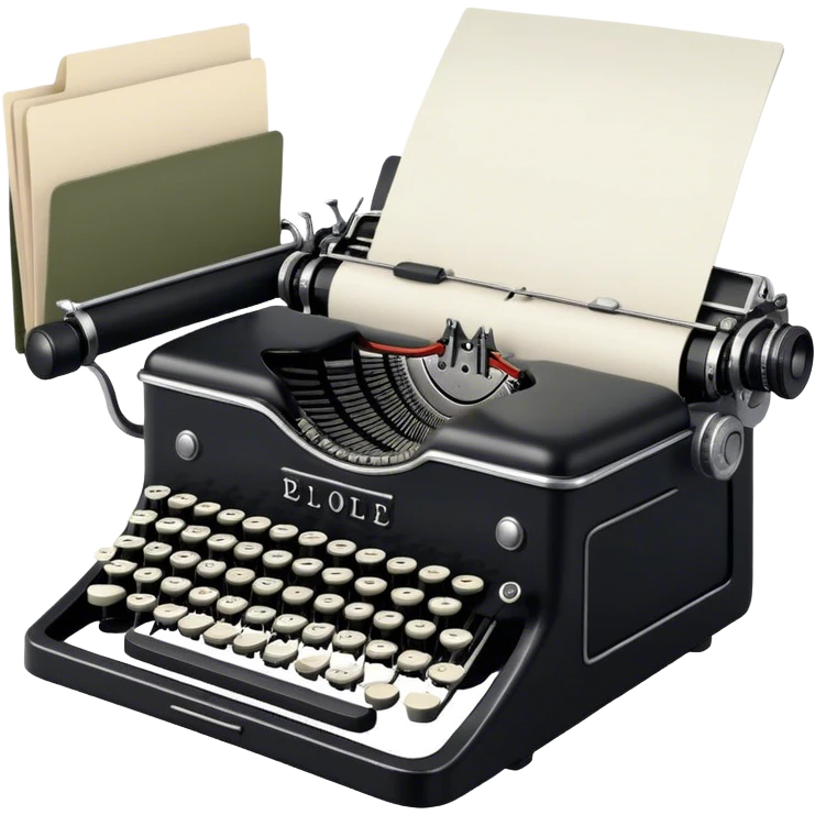 Create an emoji representing screenwriting. The design should feature an open script with visible dialogue and action lines, symbolizing the writing of a screenplay. Include a classic typewriter or modern writing device, such as a laptop, to signify the creative process. Place an old-style film camera next to the script to emphasize the cinematic connection. Use a professional color palette with black, white, and subtle metallic tones. Do not include any emojis or smiley faces. Make the background transparent emoji