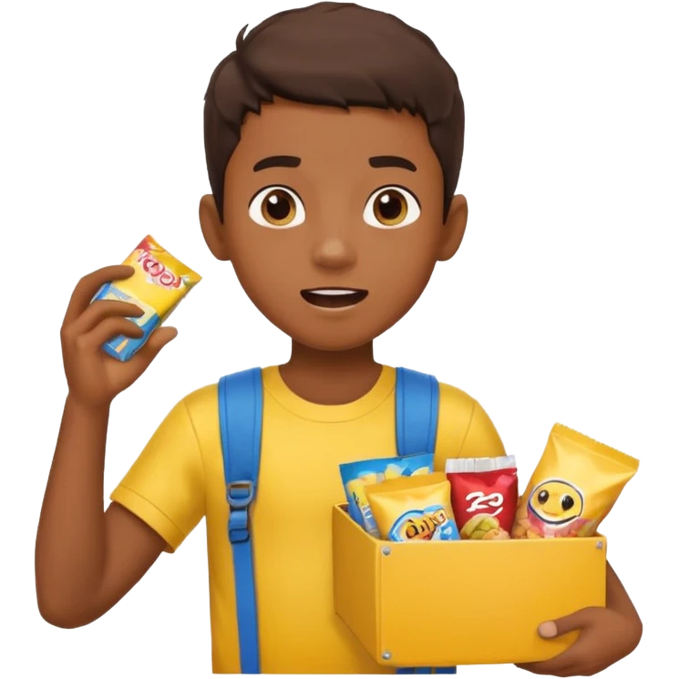 A young vendor boy with a snacks box strapped to his chest, calling out loudly. emoji