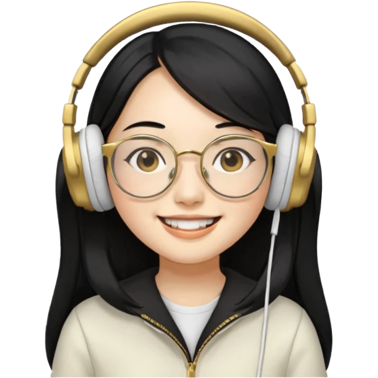 generate an asian female with long black hair, golden rim glasses, and a white headphones emoji
