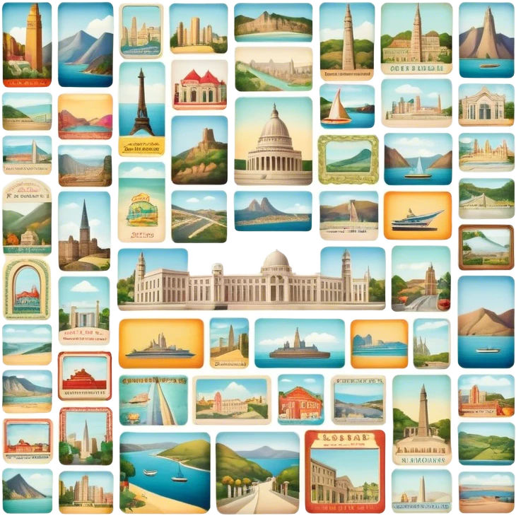 Icon for Postcard Collecting: a collection of colorful vintage postcards, featuring scenic views, landmarks, and greetings, arranged neatly in an album or on a display board. The icon should convey the charm and nostalgia of postcard collecting. Transparent background. emoji