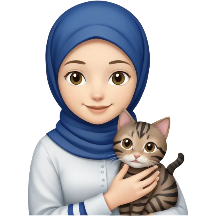 White girl wearing dark blue hijab with white shirt smiling while holding a black grey brown stripes tabby cat emoji