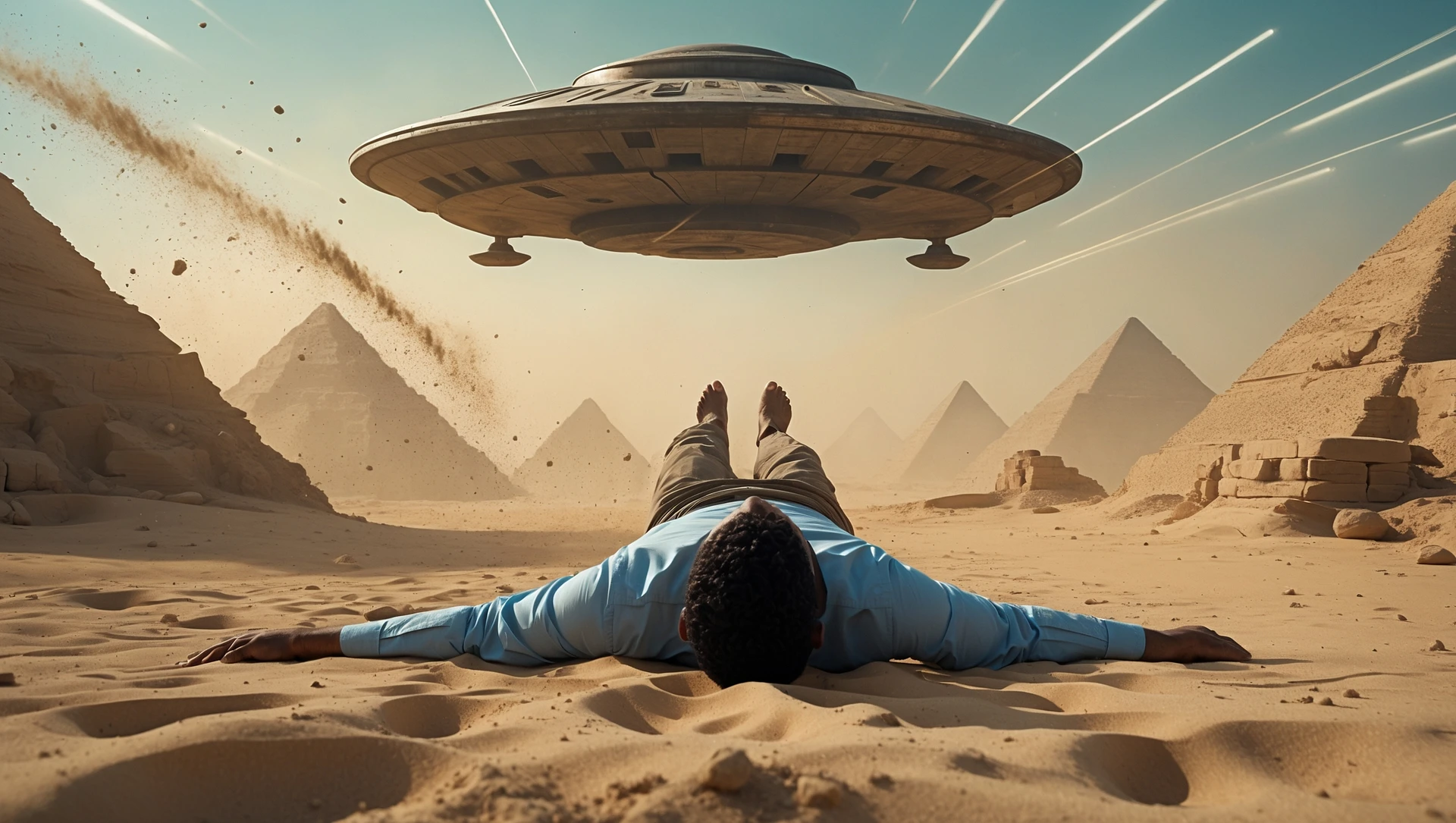 cinematic still, documentary photography, acient egypt, back shot of a man on ground laying front of ufo starship, sand flying around, dynamic scane, leading lines, captured by arri alexa emoji
