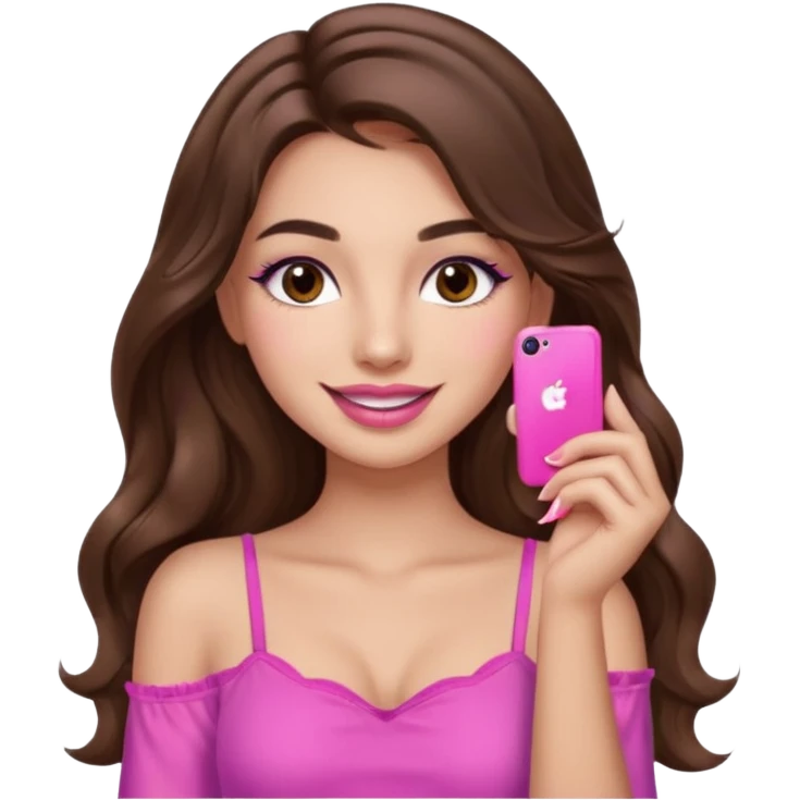 girl with long wavy brown hair, brown eyes, long lashes makeup, sexy pink lips, light to medium complexion, pink sexy top, smiling, hand by the cheek emoji
