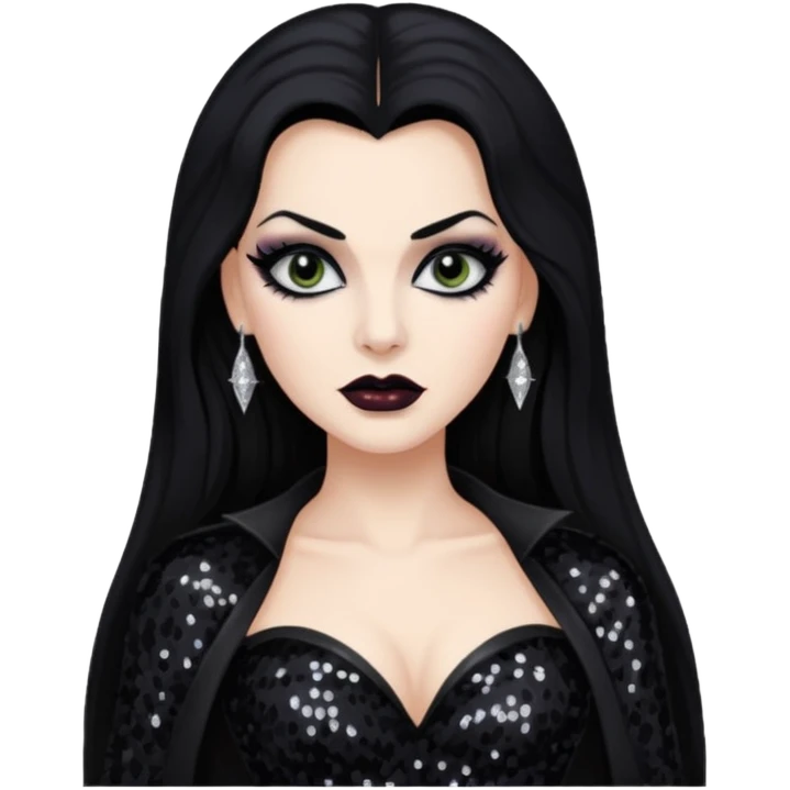 Vampira with long black hair, black sequin outfit emoji