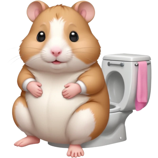 Cute chubby cartoon-style hamster sitting on toilet, sticker-style illustration emoji