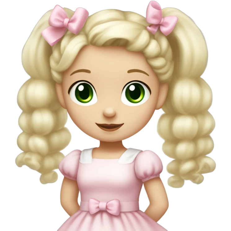 Little  babygirl with White skin, green eyes. Light blonde hair in two ponytails, with light pink bows.  She is wearing a light pink and White dress, holding a teddybear with a pink bow. emoji