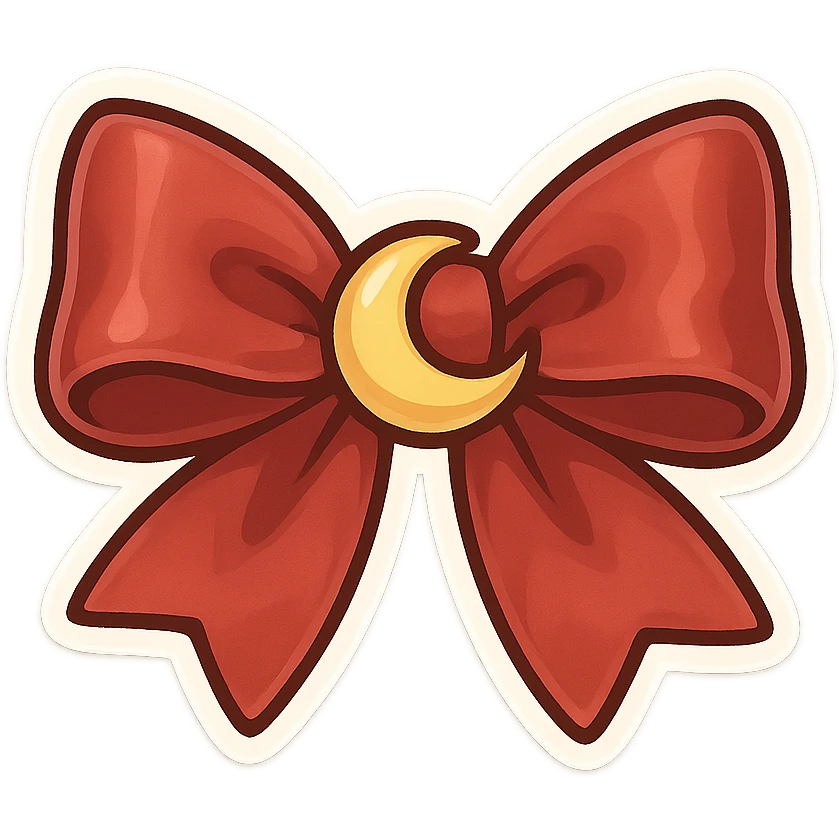 chibi style bow, red satin, shiny, simple and elegant, tied neatly, moon motif emoji