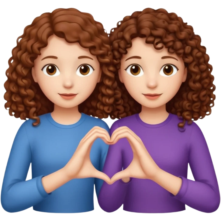 Emoji of two sisters, a brunette with straight hair and a chestnut-haired girl with curly hair, making a heart with their hands emoji